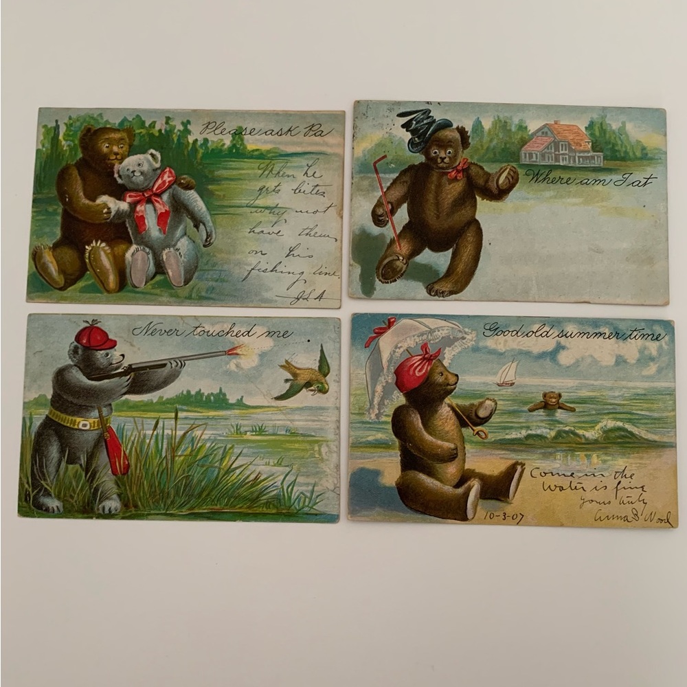 Antique Postcards Lot of 4 Embossed Anthropomorphic Teddy Bears
